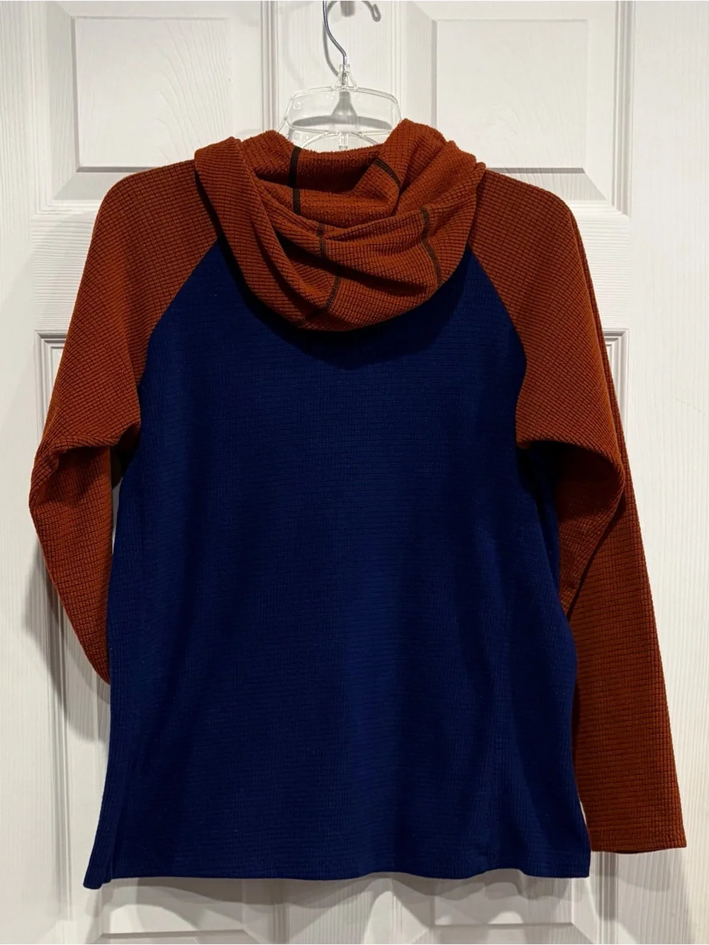 Melanzana Women’s Large Micro Grid Hoodie Burnt Orange Blue Jacket GUC Microgrid